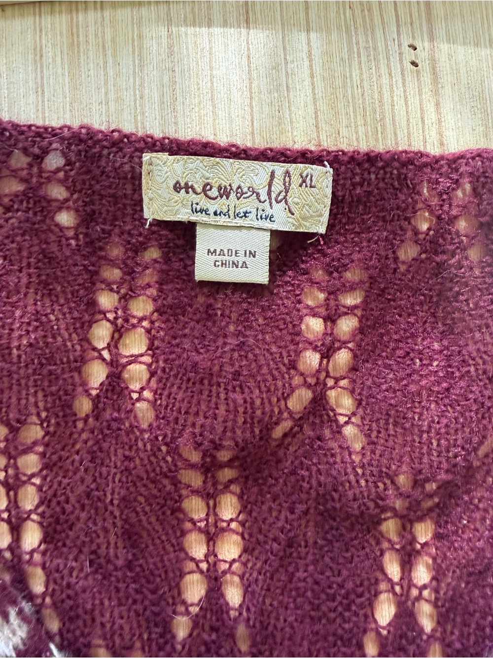 One World Womens XL Burgundy Cream V Neck Sweater Open Knit Back Boho - Picture 2 of 4